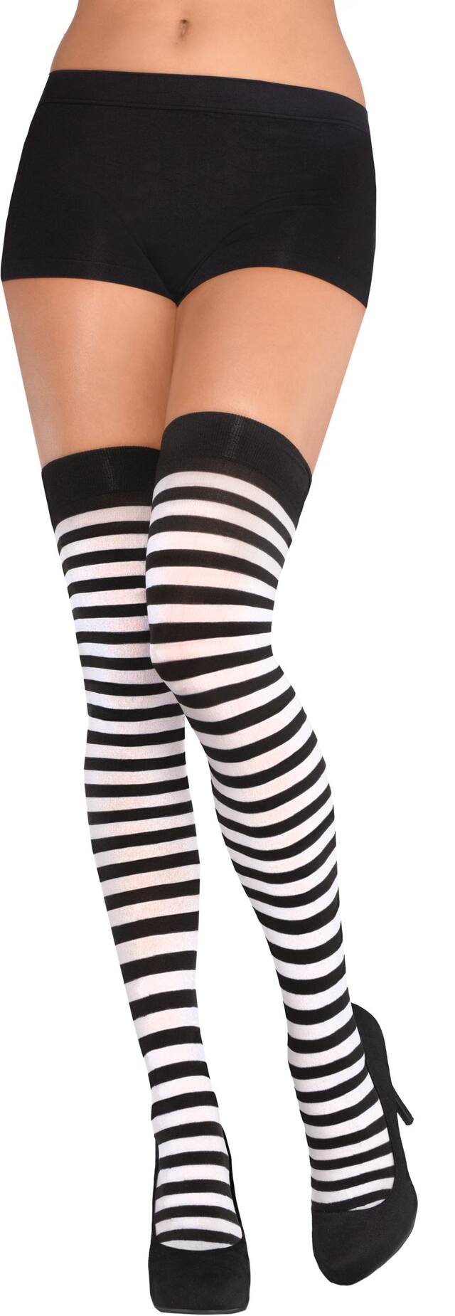 Adult Thigh-High Stocking Tights, Black/White Striped, One Size, Wearable Costume Accessory for Halloween Front_Flat