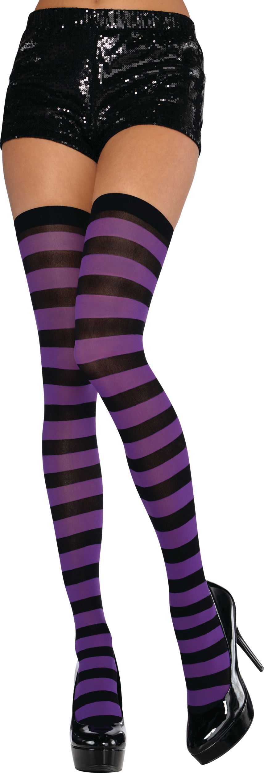 Thigh-High Party Stockings, Purple & Black, Adult Front_Flat