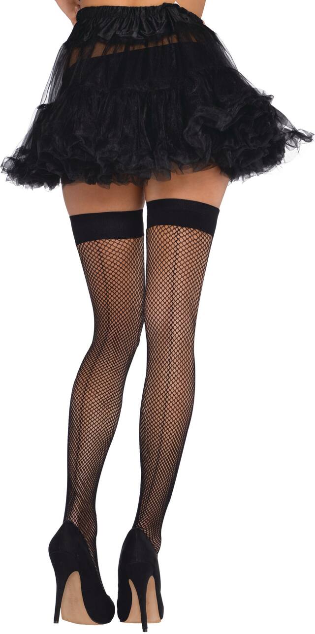 Adult Thigh-High Back Seam Fishnet Stocking Tights, Black, One Size, Wearable Costume Accessory for Halloween Back_Angled_Right