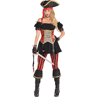 Women's Pirate Black/Red Dress with Hat/Leggings/Bandana/Boot Covers Halloween Costume, Assorted Sizes Front_Flat