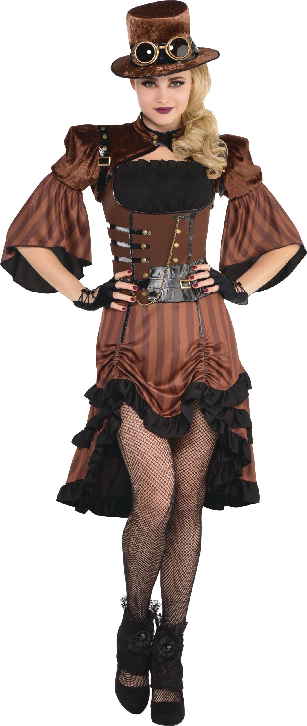 Women's Steamy Dreamy Steampunk Brown Corset Dress with Jacket/Hat/Goggles Halloween Costume, Assorted Sizes Front_Flat