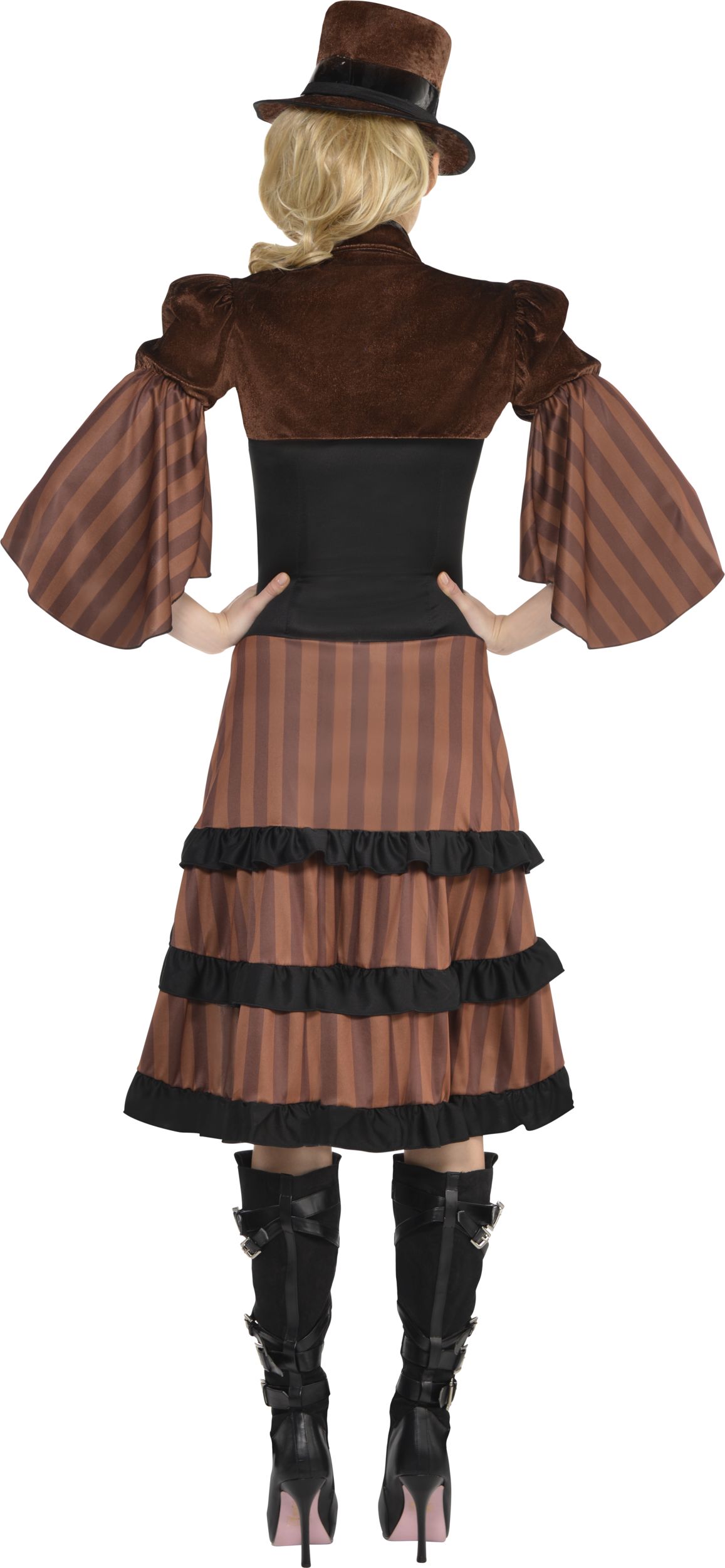 Women's Steamy Dreamy Steampunk Brown Corset Dress with Jacket/Hat/Goggles Halloween Costume, Assorted Sizes Back_Flat