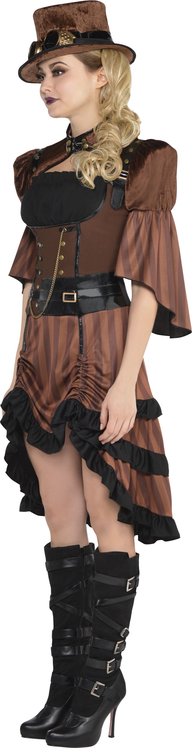 Women's Steamy Dreamy Steampunk Brown Corset Dress with Jacket/Hat/Goggles Halloween Costume, Assorted Sizes Front_Angled_Left