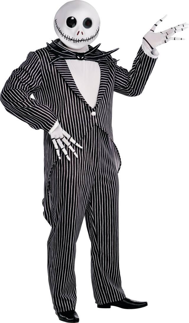 Men's Disney The Nightmare Before Christmas Jack Skellington Black/White Pinstripe Jumpsuit with Mask Halloween Costume, Plus Size Front_Angled_Right