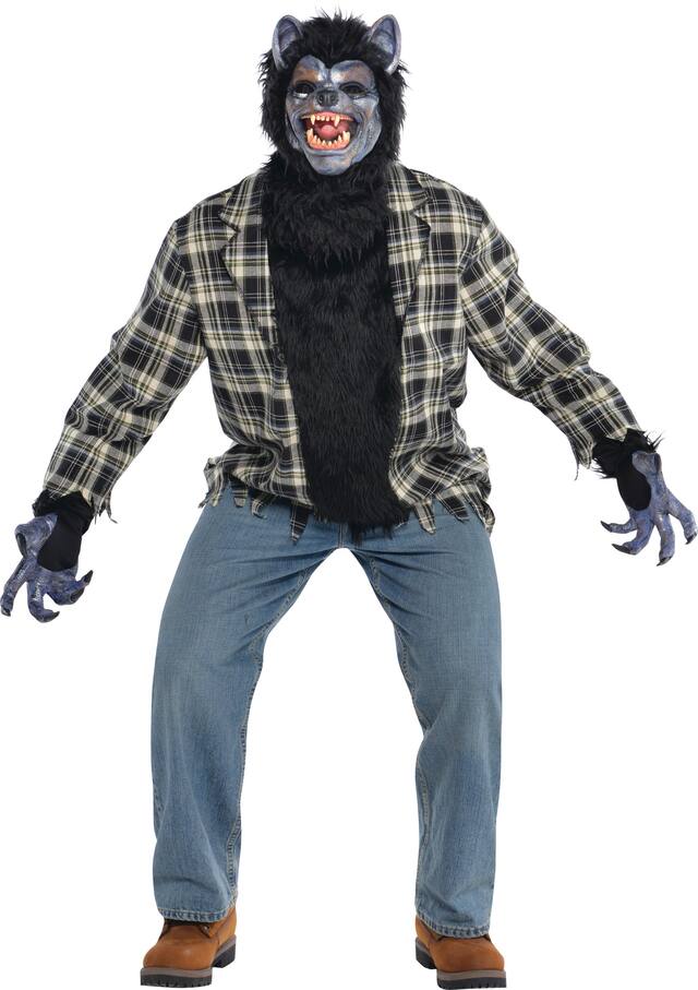 Men's Werewolf Black Flannel Outfit with Shirt/Mask/Gloves Halloween Costume, Plus Size Front_Flat