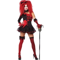 Women's Punky Jester Black/Red Dress with Headband & Stockings Halloween Costume, Assorted Sizes Front_Flat