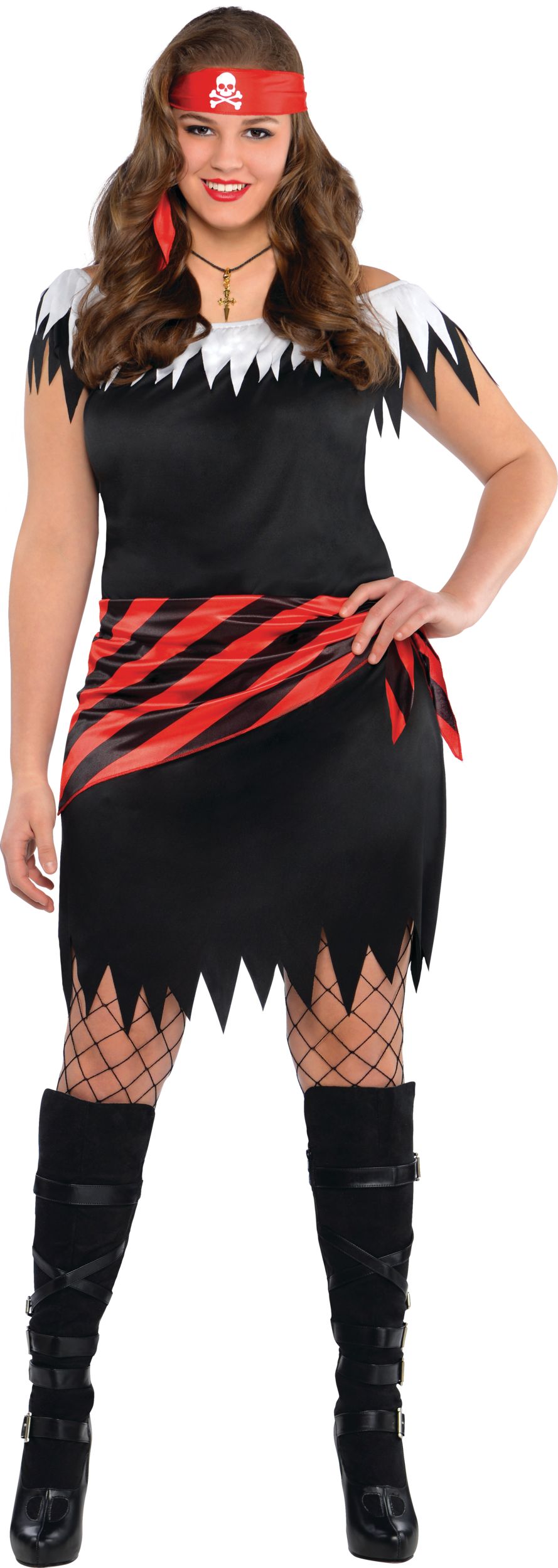 Costume de pirate, femmes, robe rayée noir/rouge avec bandana, grande taille Front_Flat