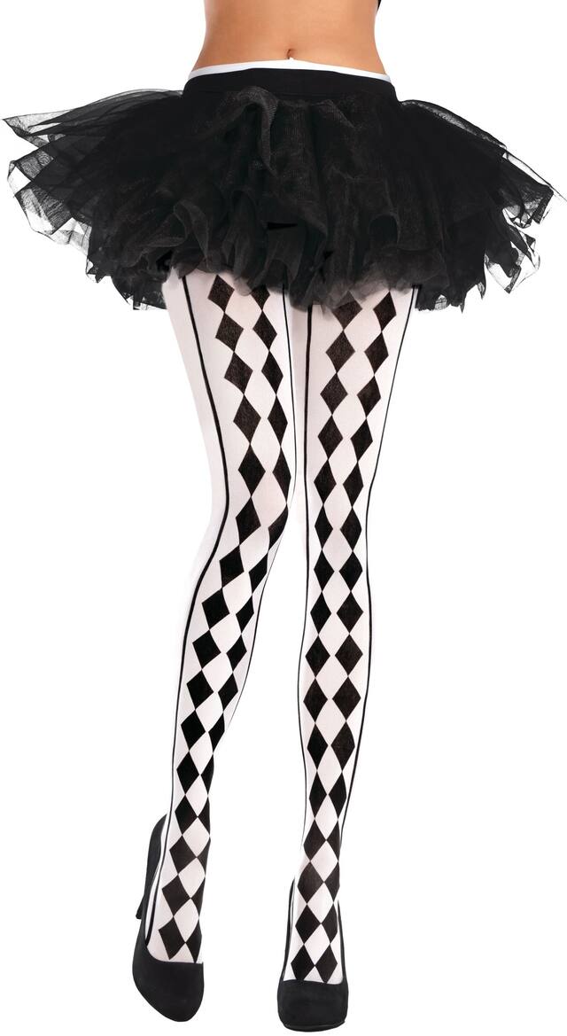 Adult DC Birds of Prey Harley Quinn Semi-Opaque Seamless Tights, Black/White Diamond Print, One Size, Wearable Costume Accessory for Halloween Front_Flat