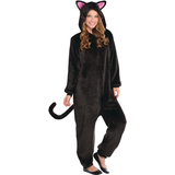 Women's Cat Black Jumpsuit with Hood & Tail Halloween Costume, Assorted Sizes Front_Flat