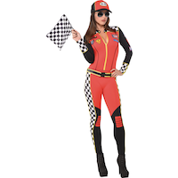 Women's Race Car Driver Red/Black Checker Print Jumpsuit with Hat & Flag Halloween Costume, Assorted Sizes Front_Three_Fourths_Angled_Right