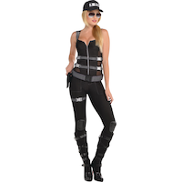 Women's S.W.A.T Officer Black Jumpsuit with Hat/Belt/Holster Halloween Costume, Assorted Sizes Front_Flat