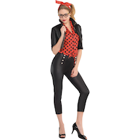 Costume Rockabilly rebelle pour femmes, noir/rouge, chemise/foulard/veste/pantalon, choix de tailles Front_Angled_Right