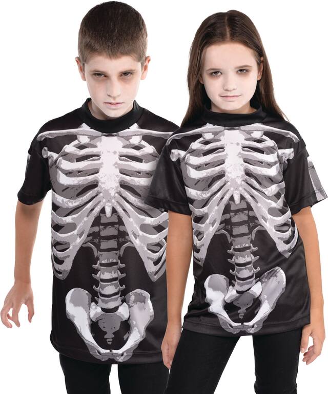 T-shirt à motif de côtes squelettes pour enfants, noir/blanc, taille universelle, accessoire de costume portable pour l'Halloween Front_Flat