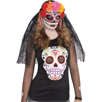 Day of the Dead Floral Black Lace Veil Front_Angled_Right