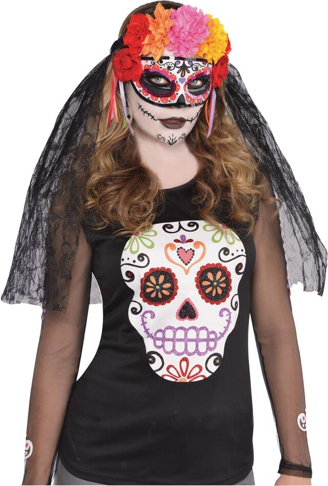 Day of the Dead Floral Black Lace Veil Front_Angled_Right
