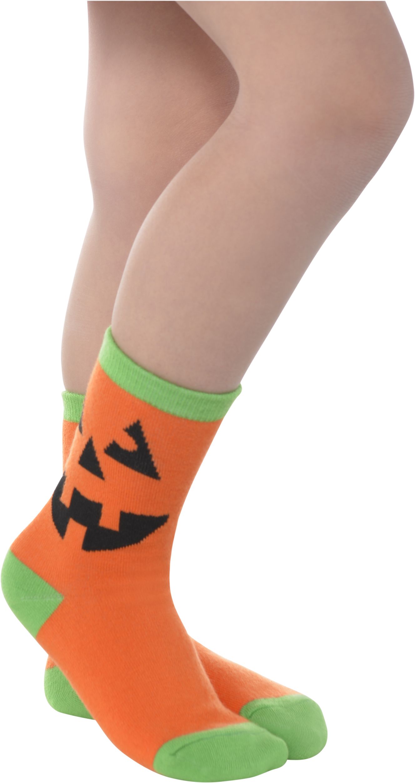 Kids' Jack-O'-Lantern Pumpkin Ankle Socks, Orange/Green, One Size, Wearable Costume Accessory for Halloween Front_Angled_Right