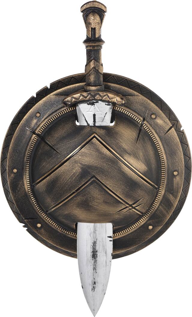 Spartan Combat Sword & Shield Weapon, Gold/Silver, 19-in, 2-pk, Wearable Costume Props for Halloween Front_Flat