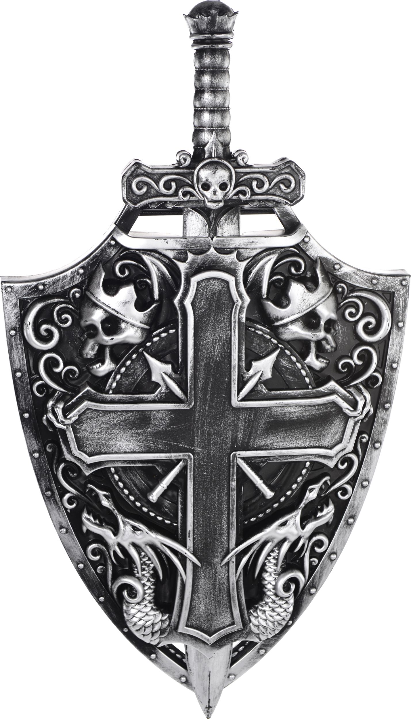 Medieval Crusader Sword & Shield Weapon, Silver, 16.5-in, 2-pk, Wearable Costume Props for Halloween Front_Flat