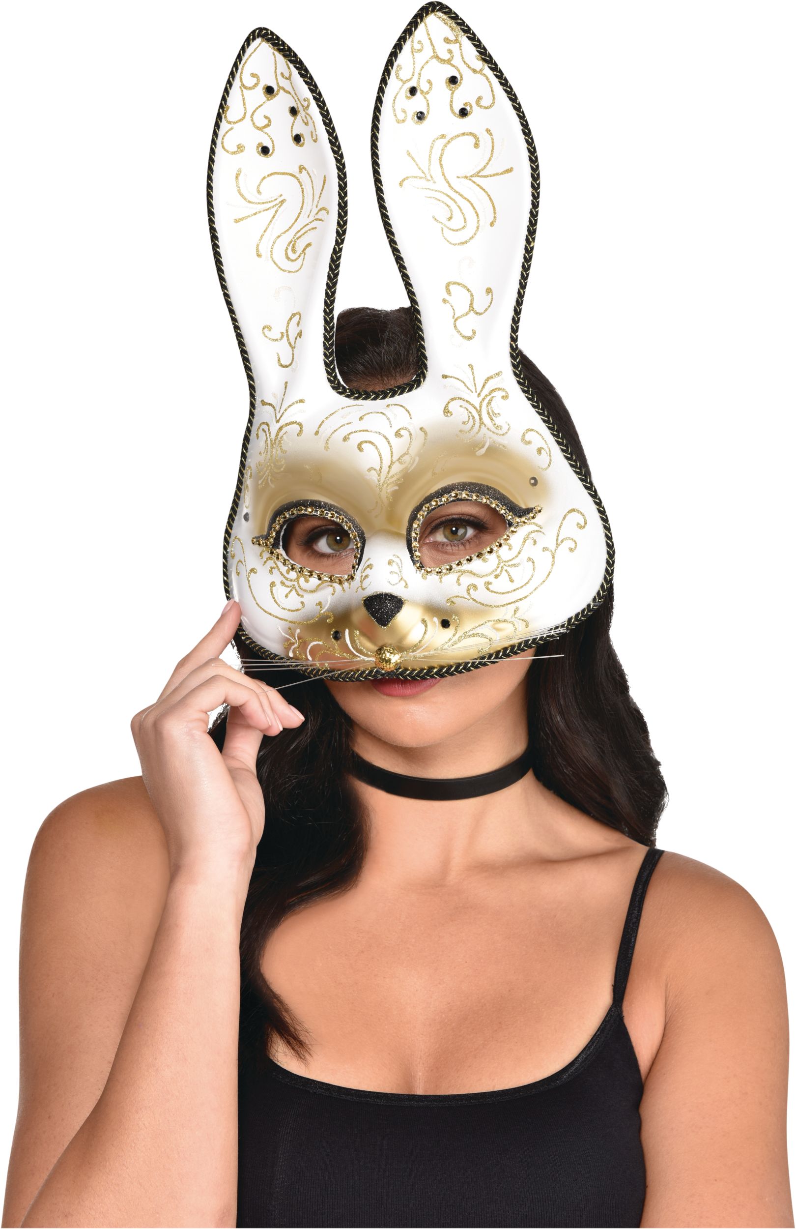 Glitter Scroll Bunny Mask, Gold Front_Flat