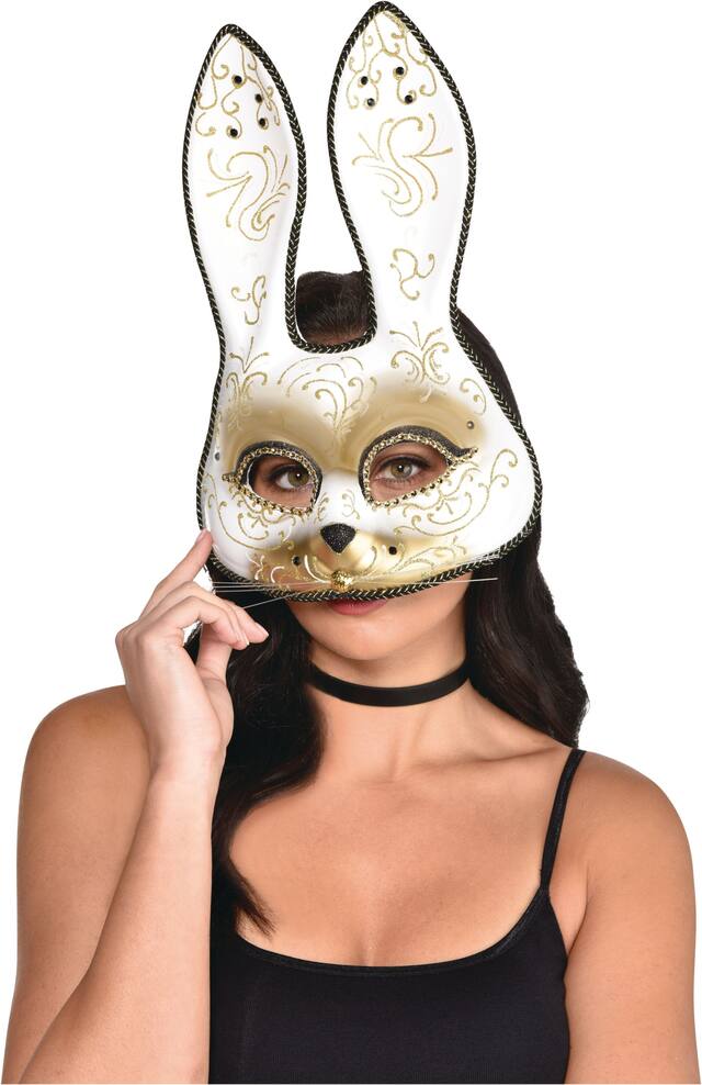 Glitter Scroll Bunny Mask, Gold Front_Flat