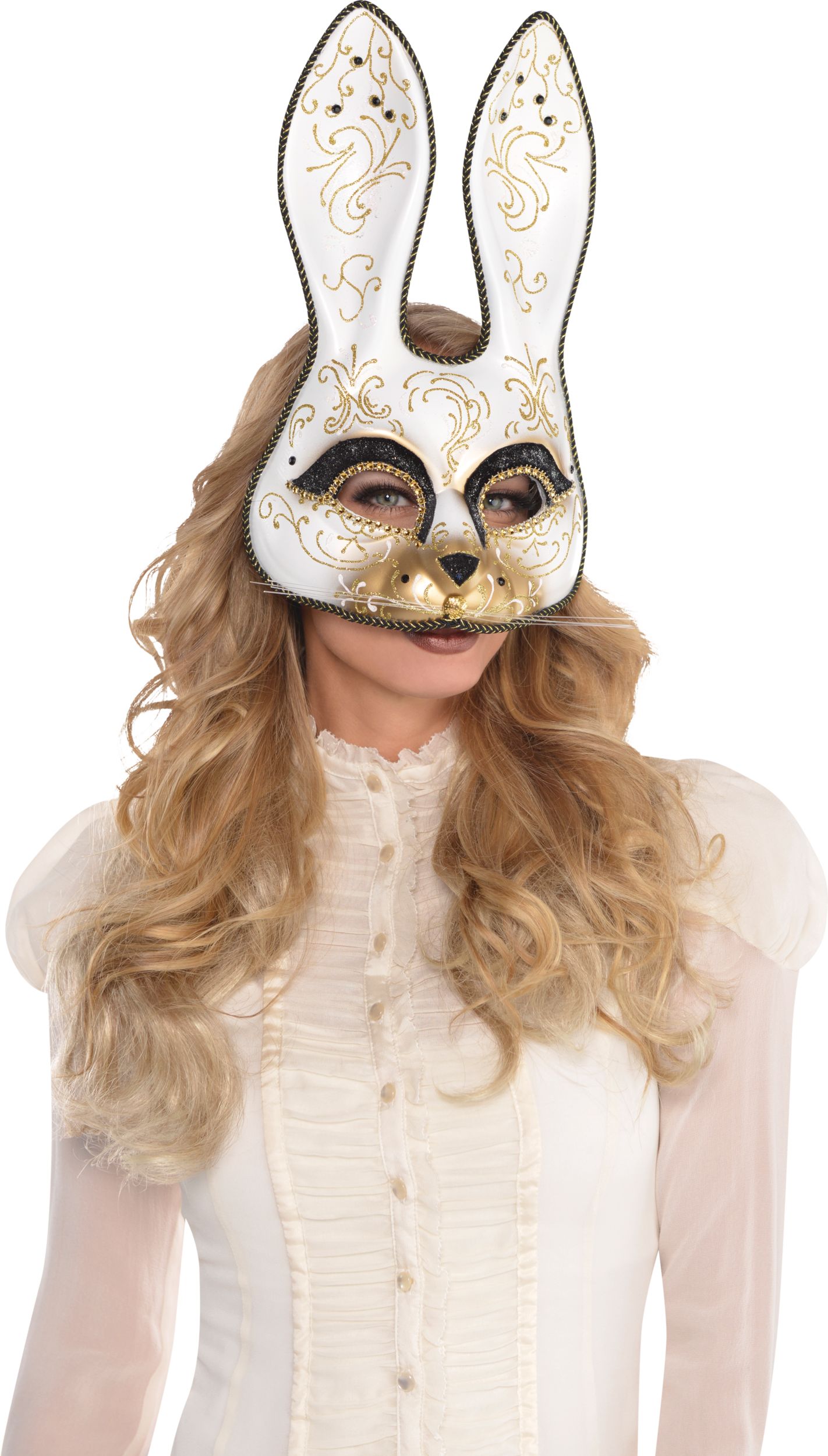 Glitter Scroll Bunny Mask, Gold Front_Three_Fourths_Angled_Right