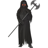Kids' Grim Reaper Black Robe with Glowing Eyes Mask & Gloves Halloween Costume, Assorted Sizes Front_Flat