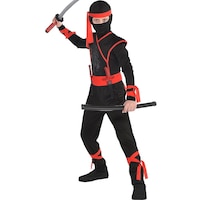 Toddler & Kids' Shadow Ninja Black/Red Jumpsuit with Hood Halloween Costume, Assorted Sizes Front_Angled_Left