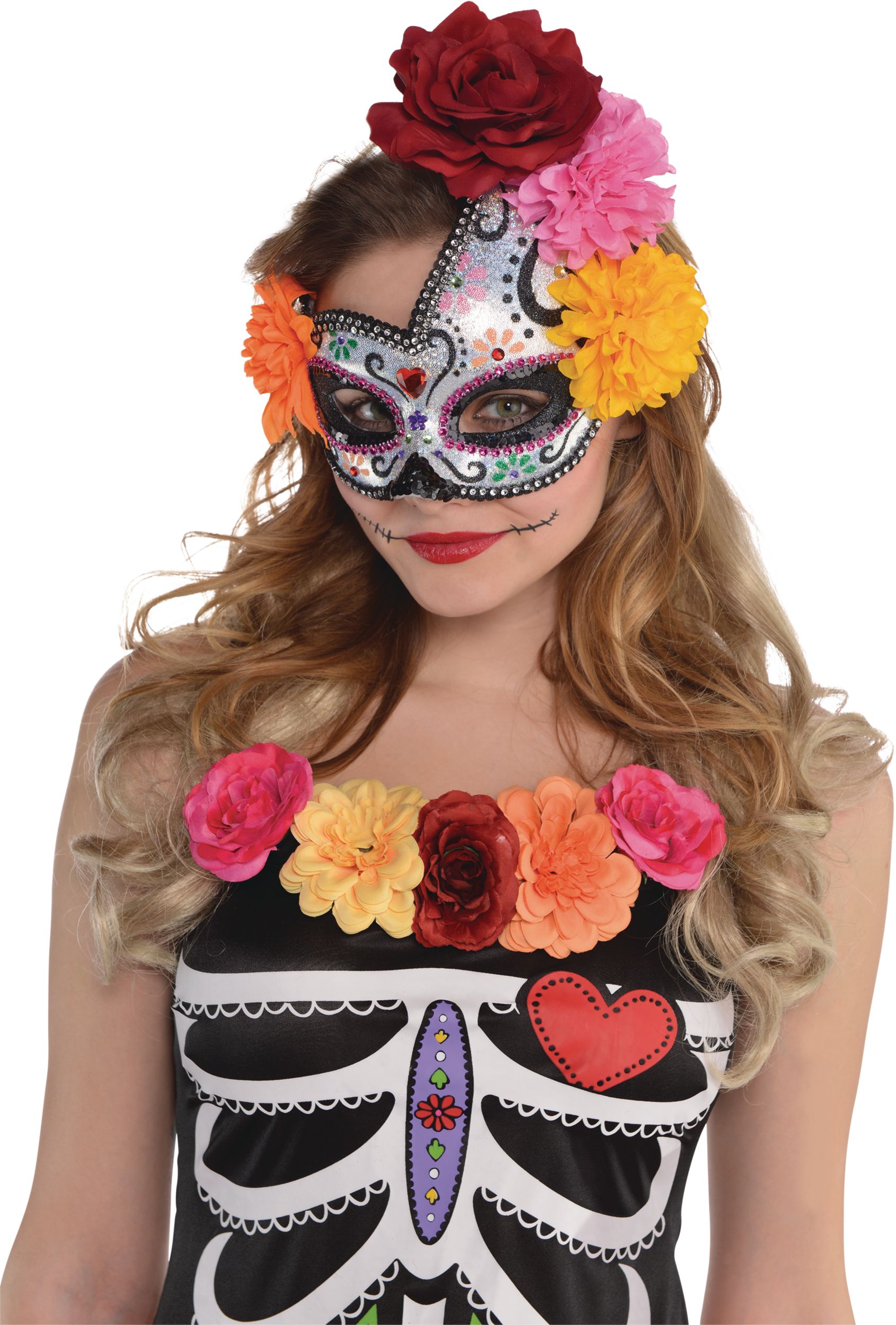 Day of the Dead Floral Sugar Skull Masquerade Mask Front_Flat