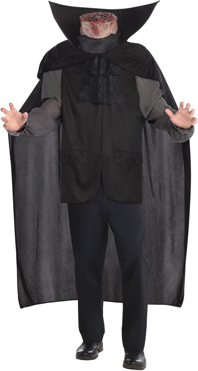 Men's Bloody Headless Horseman Black Outfit with Vest & Cape Halloween Costume, One Size Front_Flat