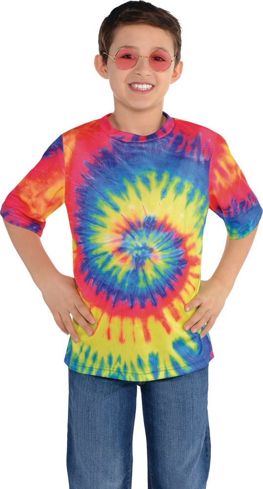 Kids Hippie 1960s Tie Dye Crewneck T Shirt Multi Coloured One Size Wearable Costume Accessory for Halloween