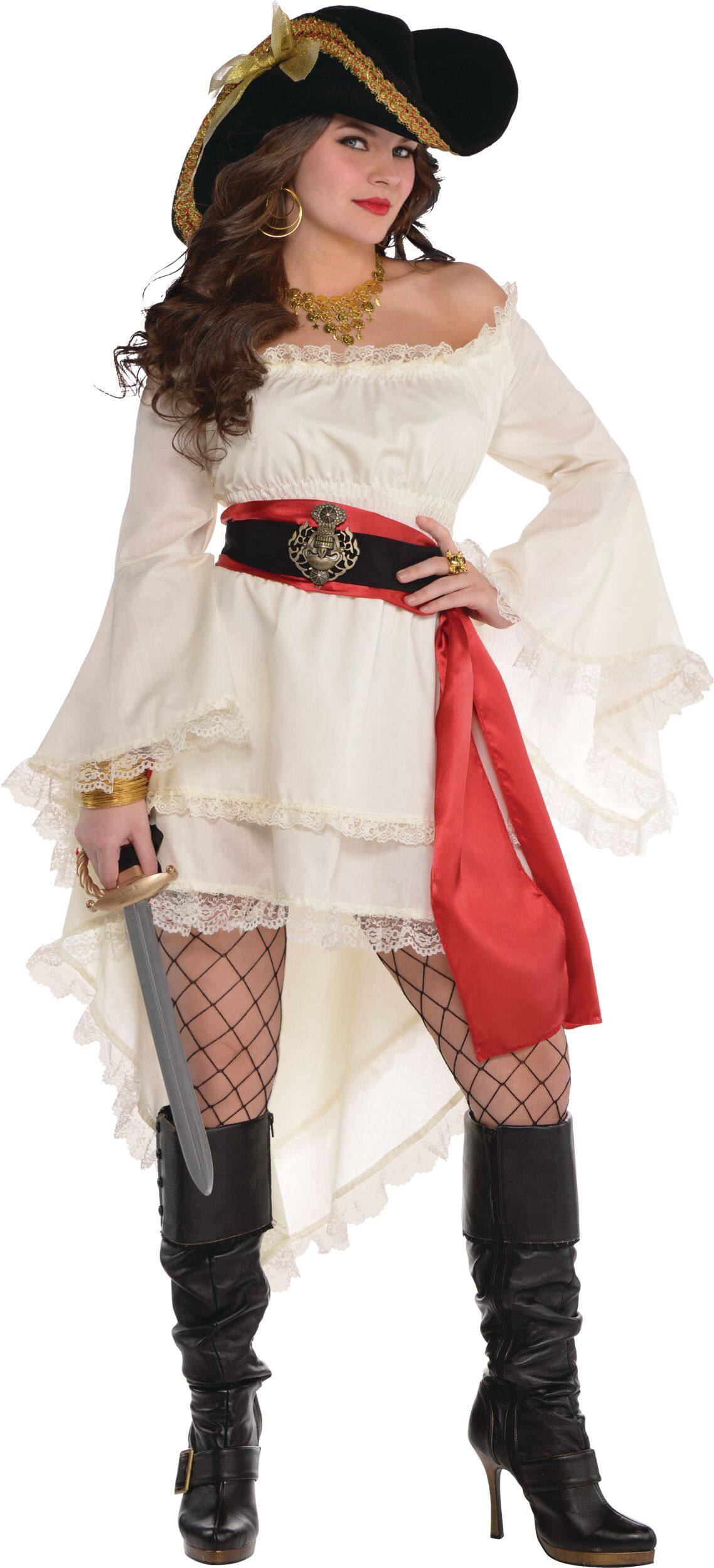 Women's Pirate High-Low Ruffle Lace Long Sleeve Dress, White, One Size ...
