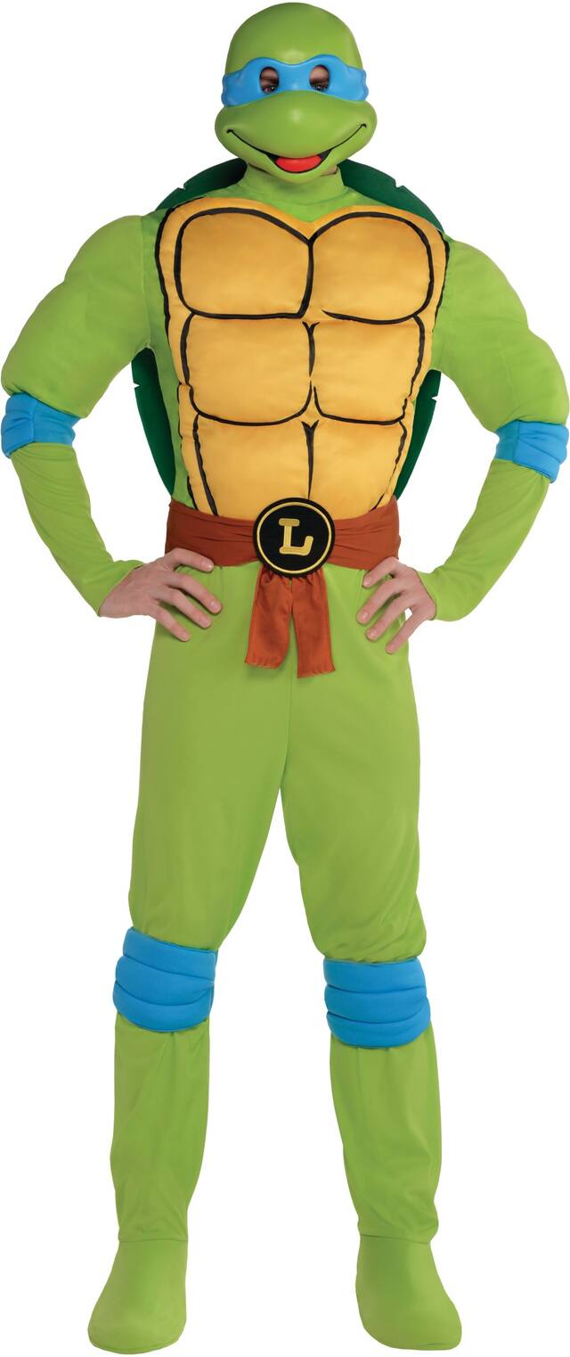 Men's Teenage Mutant Ninja Turtles Leonardo Green Padded Jumpsuit with Mask Halloween Costume, Assorted Sizes Front_Flat