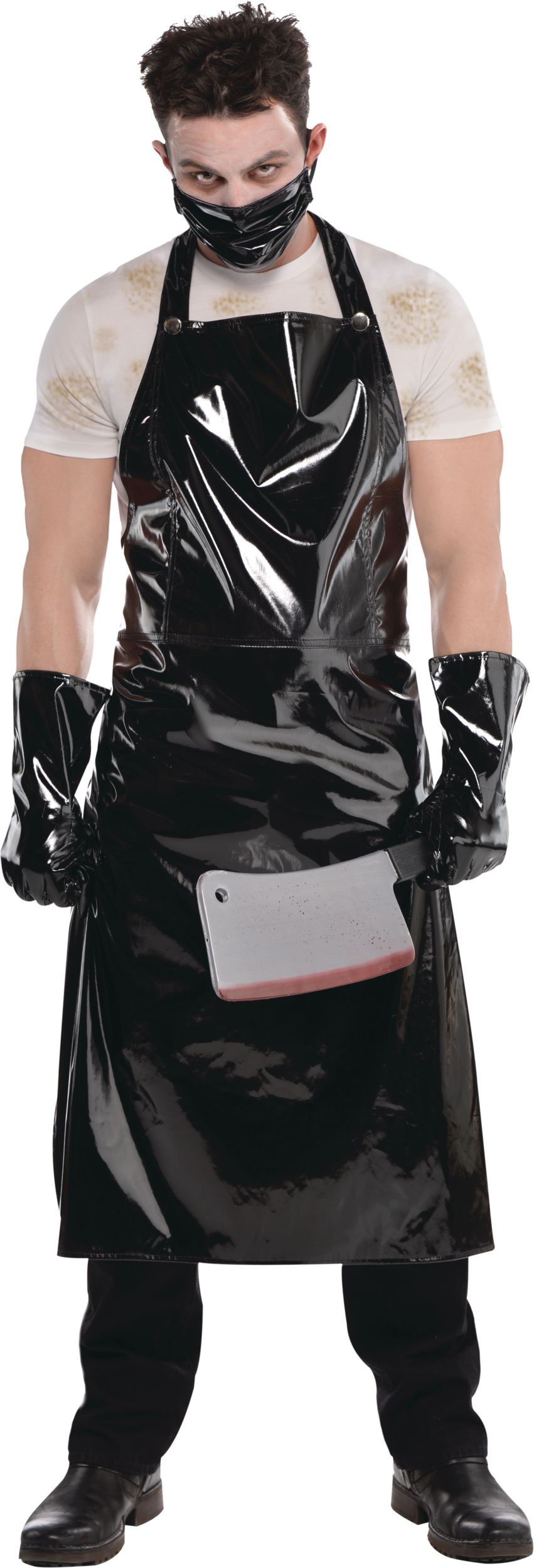 Butcher Faux Leather Outfit with Apron, Gloves & Mask, Black, One Size, 3-pk, Wearable Costume Accessories for Halloween Front_Flat