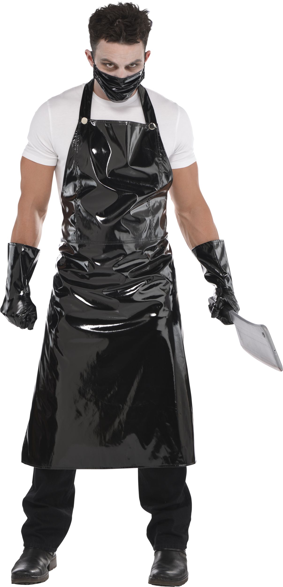 Butcher Faux Leather Outfit with Apron, Gloves & Mask, Black, One Size, 3-pk, Wearable Costume Accessories for Halloween Front_Flat