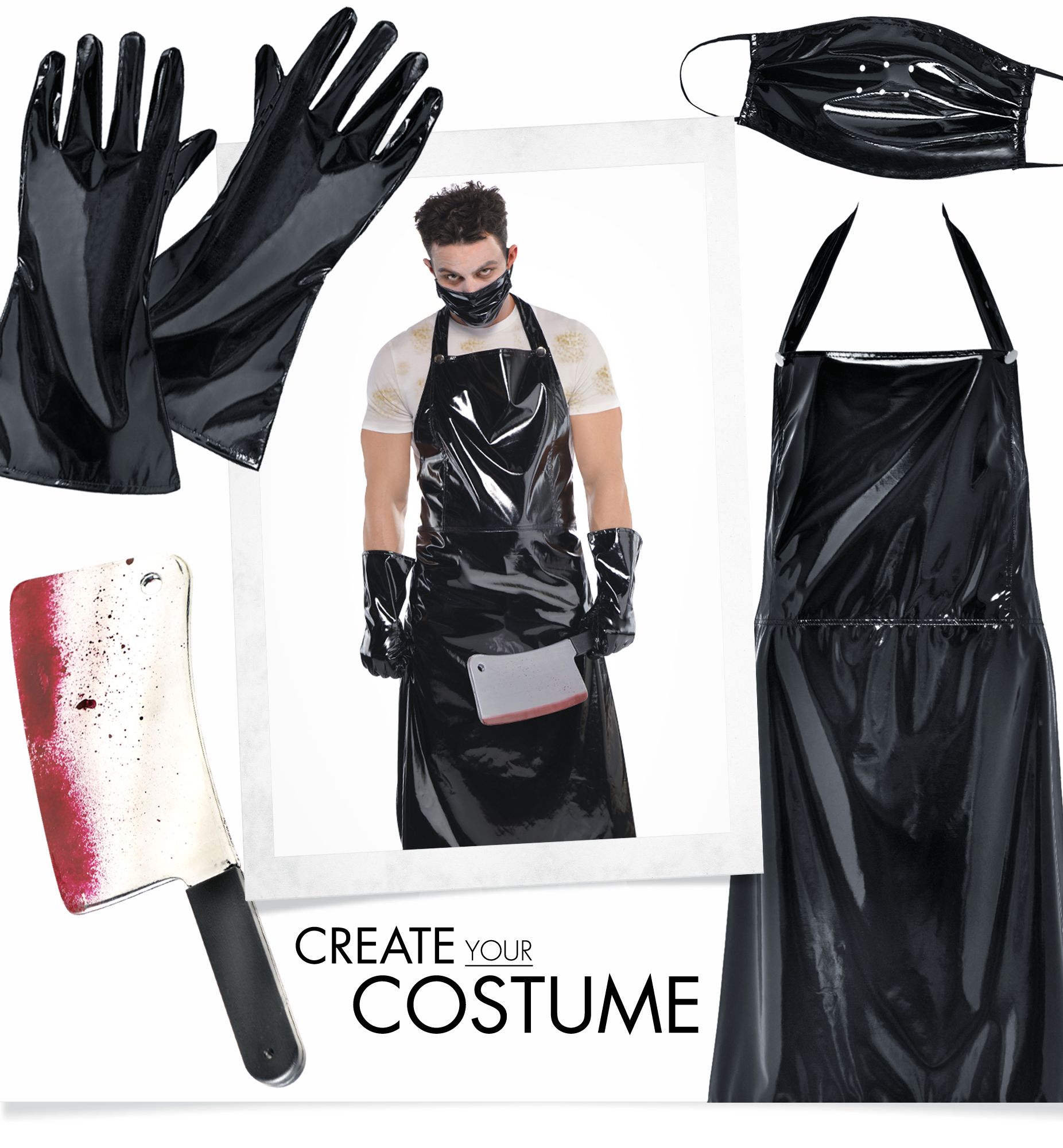 Butcher Faux Leather Outfit with Apron, Gloves & Mask, Black, One Size, 3-pk, Wearable Costume Accessories for Halloween Front_Flat
