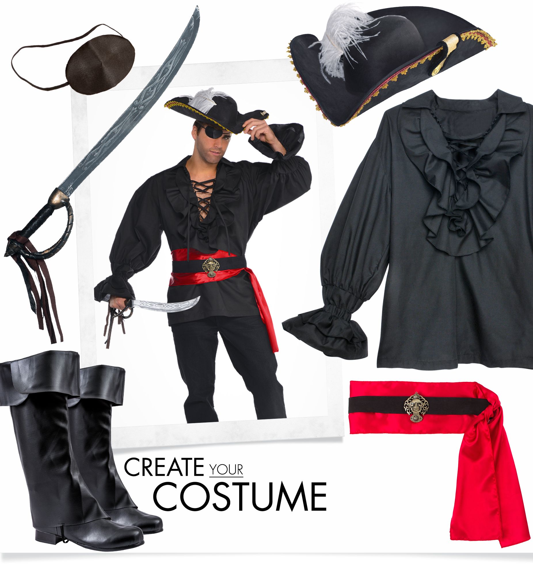 Deluxe Pirate Halloween Costume Shirt, Black, One Size Front_Flat