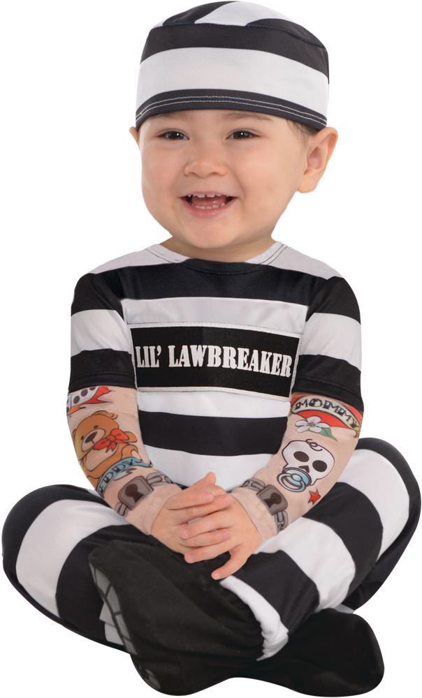Infant Prison Inmate Black/White Striped Jumpsuit with Tattoo Sleeves