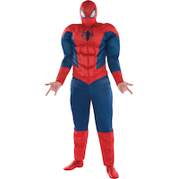 Men's Disney Marvel Spider-Man Peter Parker Blue/Red Padded Jumpsuit with Mask Halloween Costume, Plus Size Front_Three_Fourths_Angled_Left