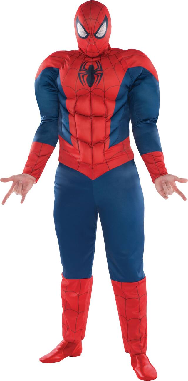 Men's Disney Marvel Spider-Man Peter Parker Blue/Red Padded Jumpsuit with Mask Halloween Costume, Plus Size Front_Three_Fourths_Angled_Left