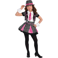 Costume de gangster de la mafia pour enfants, robe à rayures noires/roses avec chapeau et manchettes, choix de tailles Front_Flat