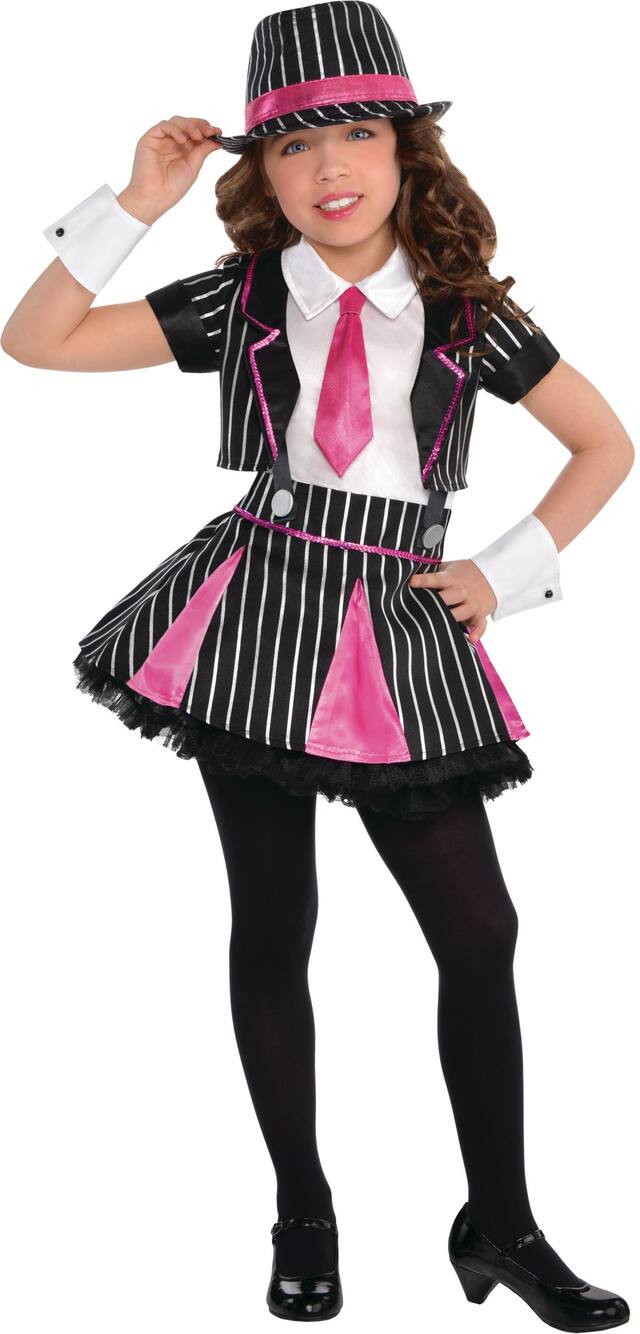 Kids' Mafia Mob Gangsta Black/Pink Striped Dress with Hat & Cuffs Halloween Costume, Assorted Sizes Front_Flat