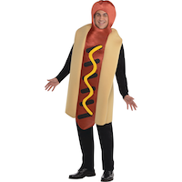 Adult Hot Dog Brown Jumpsuit with Hood Halloween Costume, Plus Size Front_Three_Fourths_Angled_Left