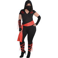 Women's Ninja Black/Red Jumpsuit with Hood & Gloves Halloween Costume, Plus Size Front_Flat