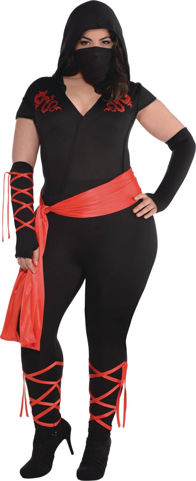 Women's Ninja Black/Red Jumpsuit with Hood & Gloves Halloween Costume, Plus Size Front_Flat