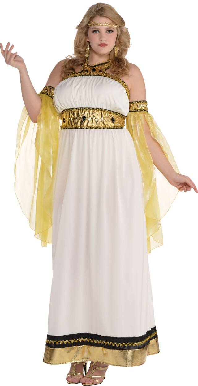 Women's Goddess White Dress with Headband & Sleevelets Halloween Costume, Assorted Sizes Front_Three_Fourths_Angled_Left