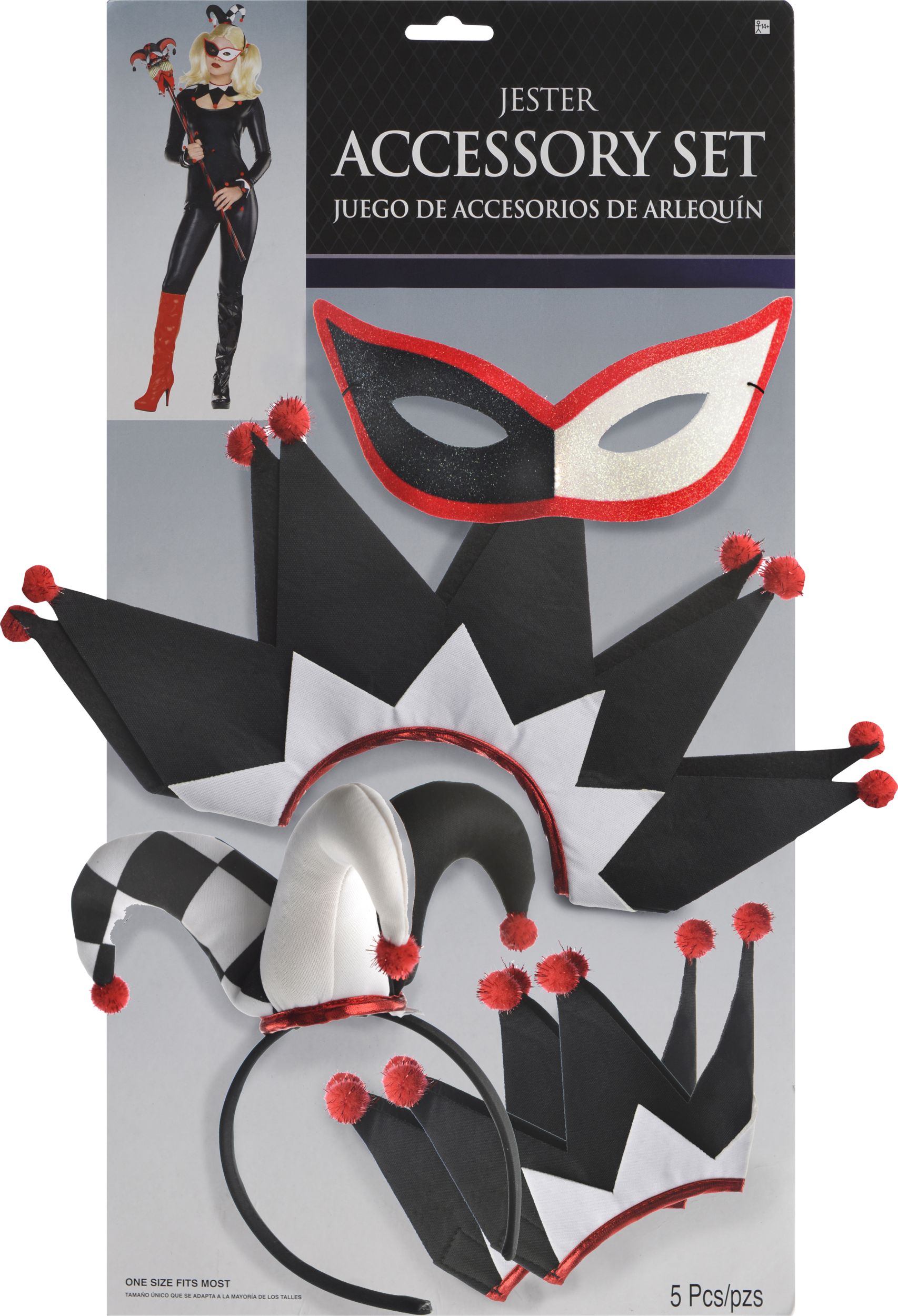 Jester Kit with Mask, Headband, Collar & Cuffs, Black/White/Red, One Size, 4-pk, Wearable Costume Accessories for Halloween Front_Flat