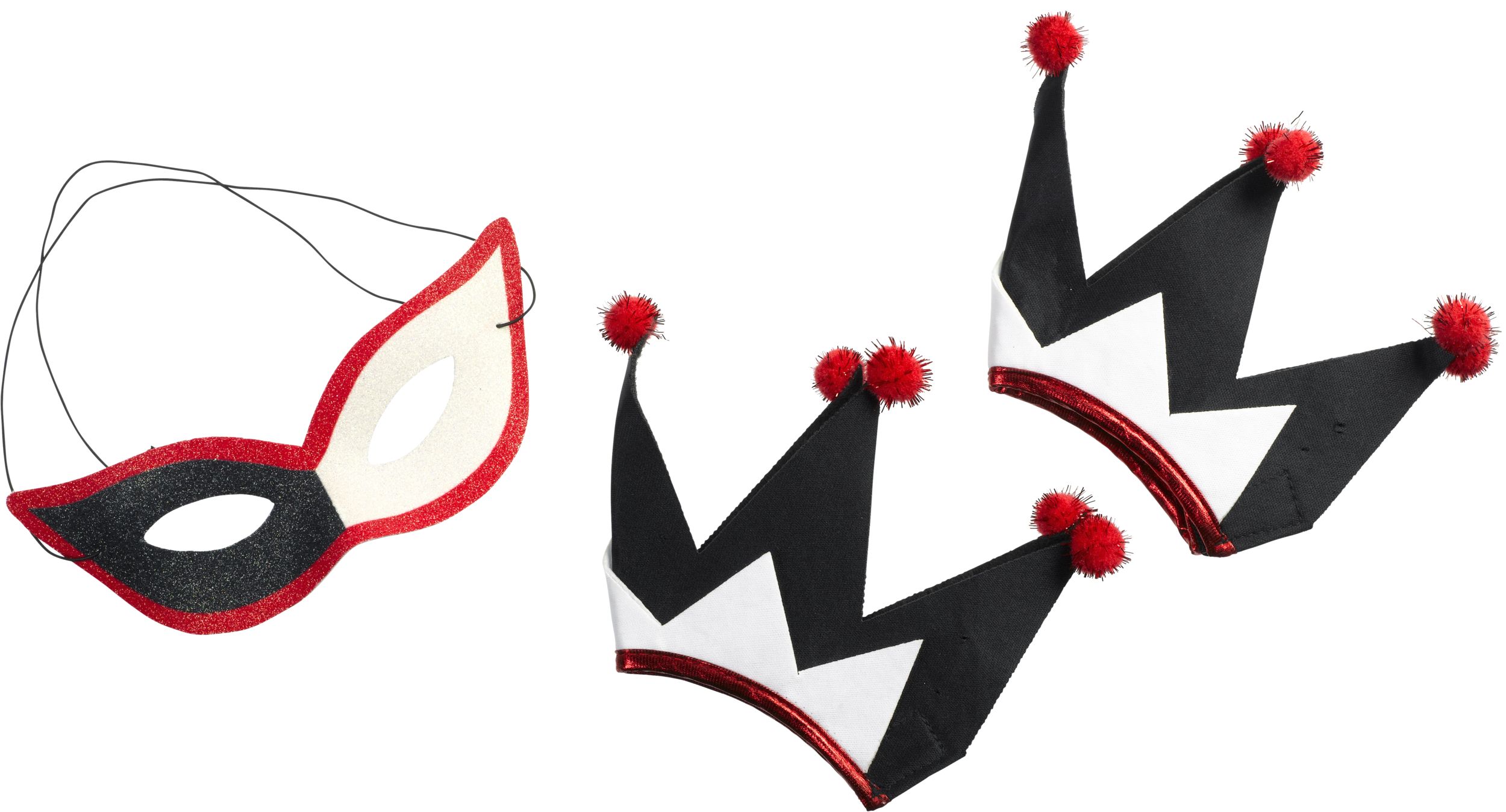 Jester Kit with Mask, Headband, Collar & Cuffs, Black/White/Red, One Size, 4-pk, Wearable Costume Accessories for Halloween Composite_or_Mixed