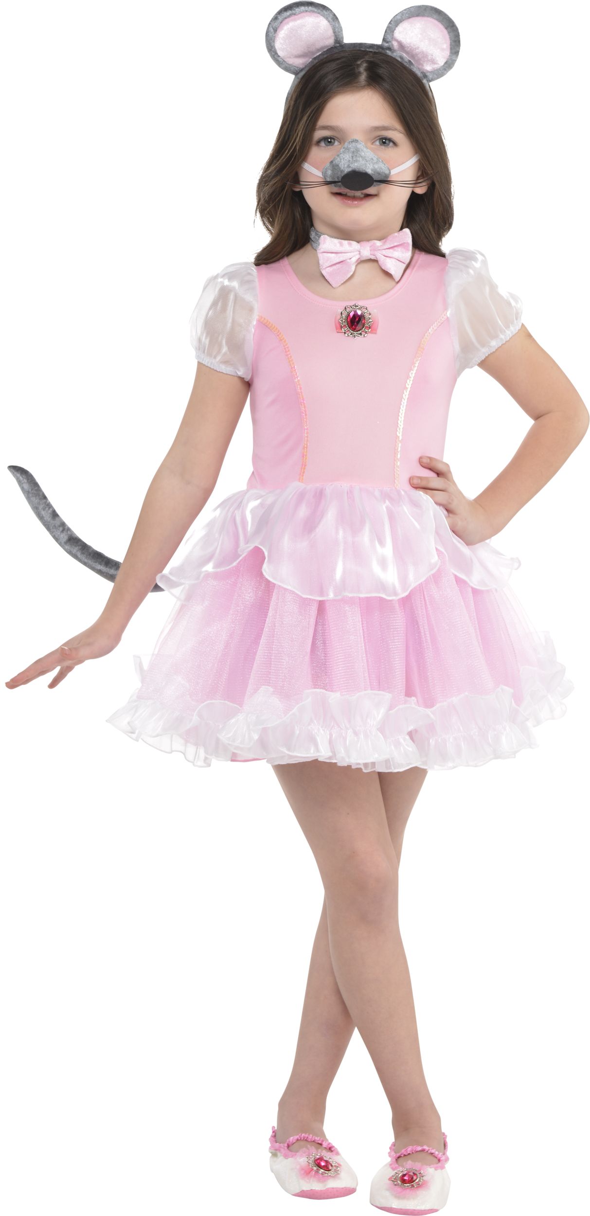 Kids' Mouse Kit with Headband, Bow Tie,Tail & Nose with Sound, Grey/Pink, One Size, 4-pk, Wearable Costume Accessories for Halloween Front_Flat