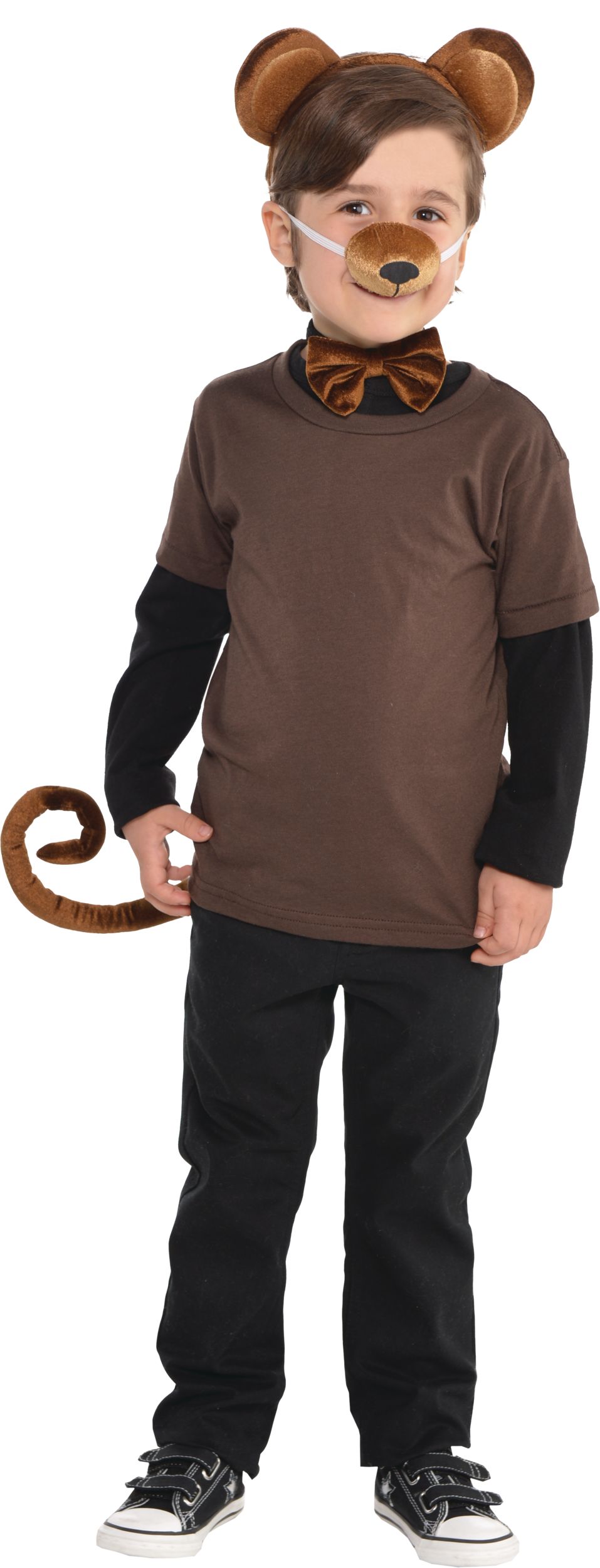Accessoires de singe pour enfants avec serre-tête, noeud papillon, queue et nez avec son, brun, taille unique, paq. 4, accessoires de costume à porter pour l'Halloween Front_Flat