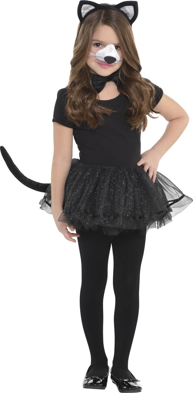 Accessoires de chat pour enfants avec serre-tête, noeud papillon, queue et nez avec son, noir, taille unique, paq. 4, accessoires de costume à porter pour l'Halloween Front_Flat